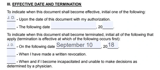 Specify the effective date and termination terms in paragraph III