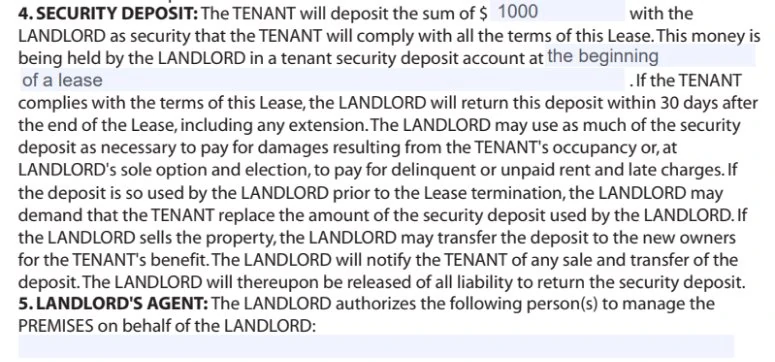 A completed "Security Deposit" section of a lease agreement