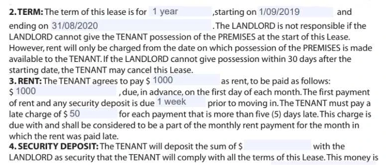 A completed "Term" section of a lease agreement