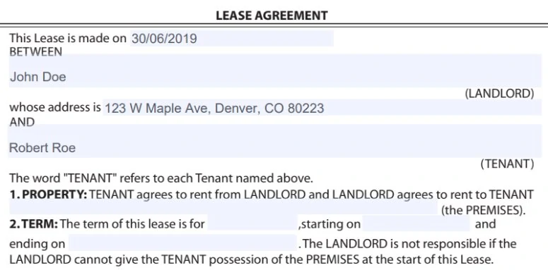 A completed top section of a lease agreement